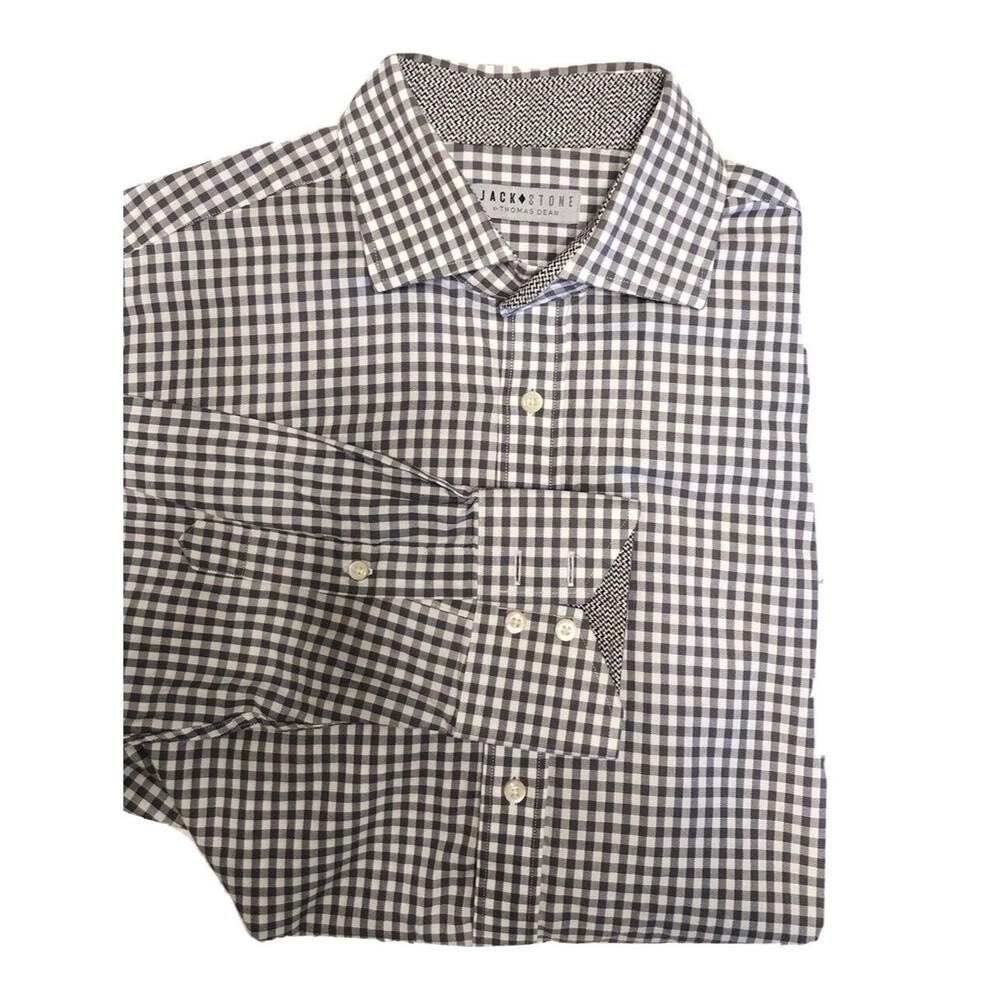 Thomas Dean Mens M Shirt Long Sleeve Flip Cuff Sz M Botton Up Black White Shirt